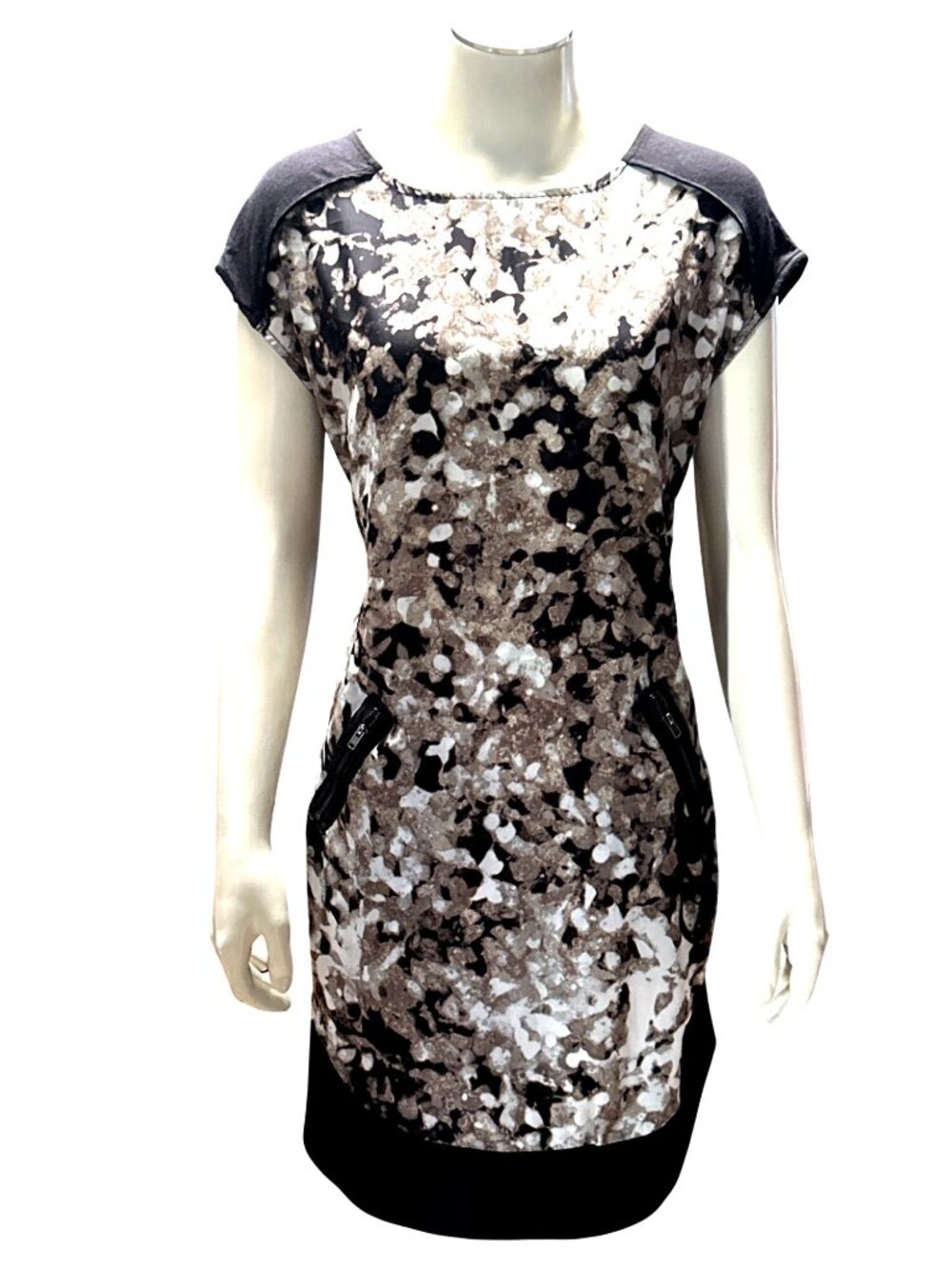 Mossimo SP Abstract Black Metallic Shift Dress Short Sleeve Pockets Urban Chic